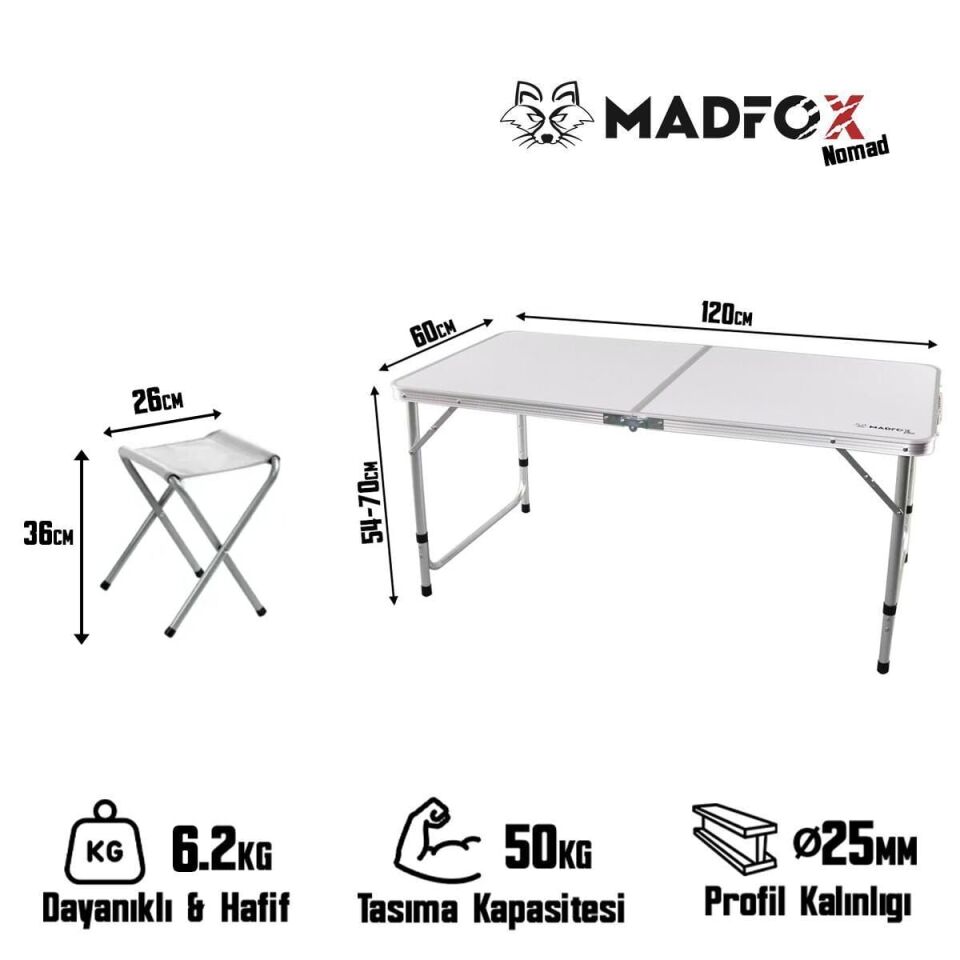 Madfax Nomad Duo Tabureli Katlanır Kamp Masası Seti Beyaz