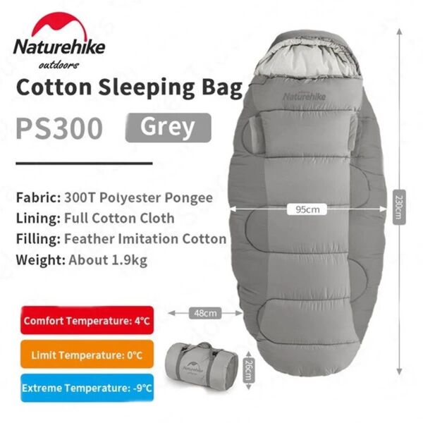 Naturehike PS300 Oval Ultralight Uyku Tulumu -9°C ( Cloudy Grey ) Right