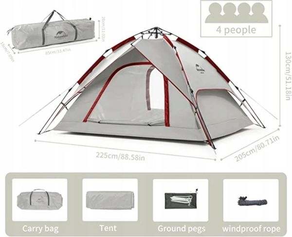 Naturehike 4 Kişilik Otomatik Kamp Çadırı Gri-Kırmızı