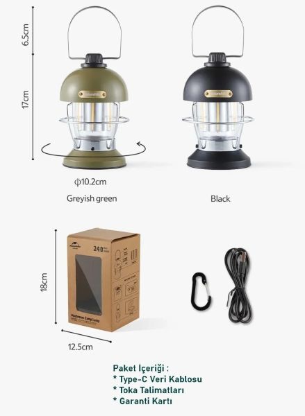 Naturehike Mushroom Glamping Kamp Lambası 350 Lümen Greysh Green