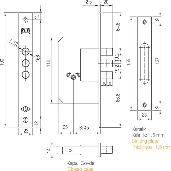 Kale Kilit 189-3MF Nikel 3 Anahtarlı Prazis Silindirli Gömme Emniyet Kilidi (45mm)