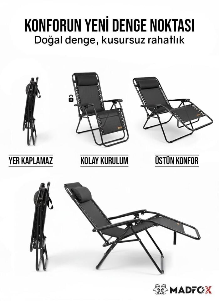 Madfox EasyRest Katlanır Şezlong Sandalye Siyah