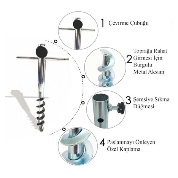 Leva House Burgulu Metal Sıkma Aparatlı Plaj Şemsiye Kazığı 40 cm